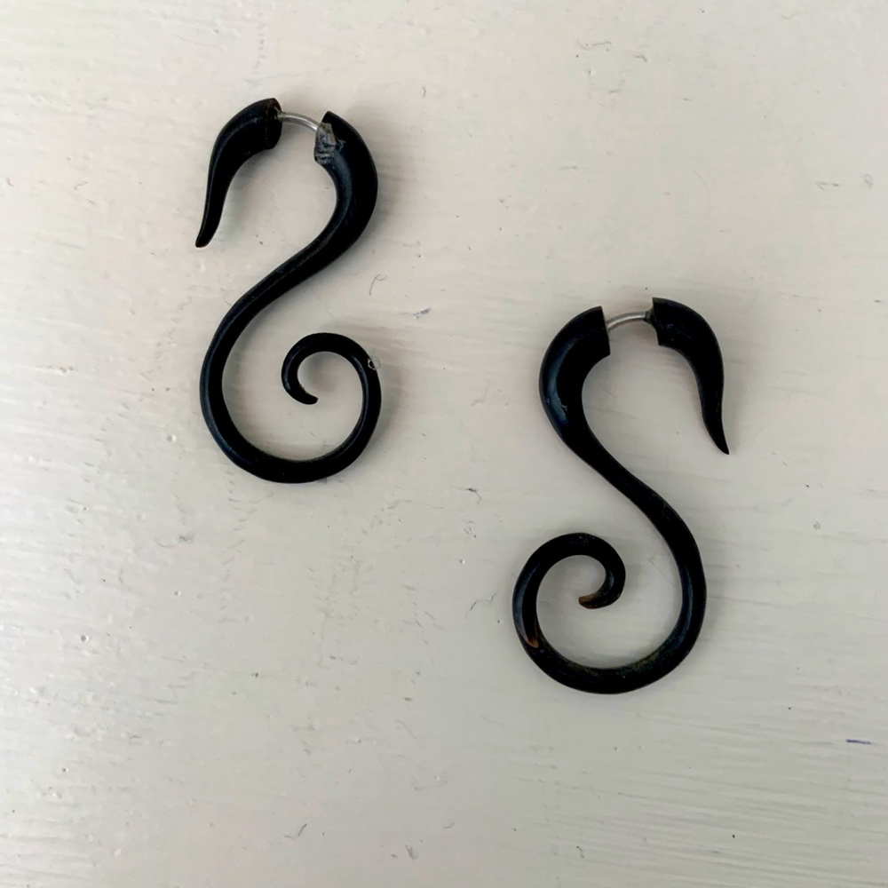 Black, tribal, natural wooden, S shaped earrings.